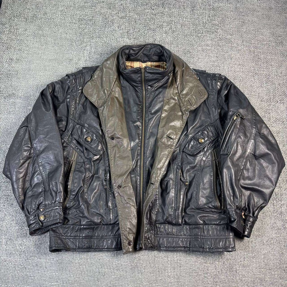 Boutique of Leathers Bomber Jacket Mens Large Black Vintage 90s Double Collar
